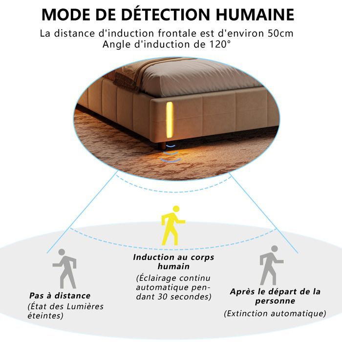 Lit 2 Personne 160x200 cm avec rangement, Lit coffre avec LED, Lit capitonne avec sommier a lattes, Lit adulte, Velours, Beige