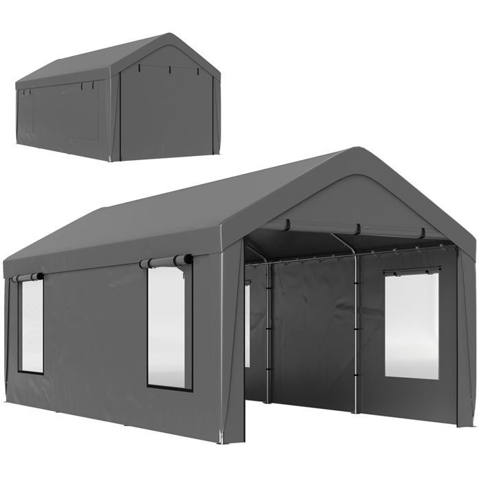 Carport tente de garage - Outsunny - 3 x 6 m - parois latérales amovibles, 2 portes enroulables et 4 fenêtres - gris foncé