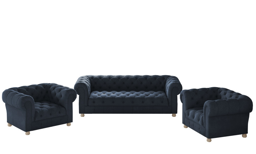 Pikowany komplet wypoczynkowy 3 1 1 CHESTERFIELD tkanina Whisper, Niebieski