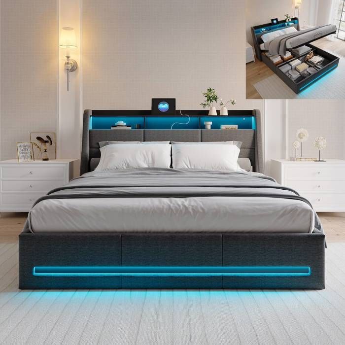 Opbergbed van 140x200 cm met ledverlichting, hoofdbord met USB-poort en opbergruimte, tweepersoonsbed voor volwassenen met lattenbodem, linnen, grijs
