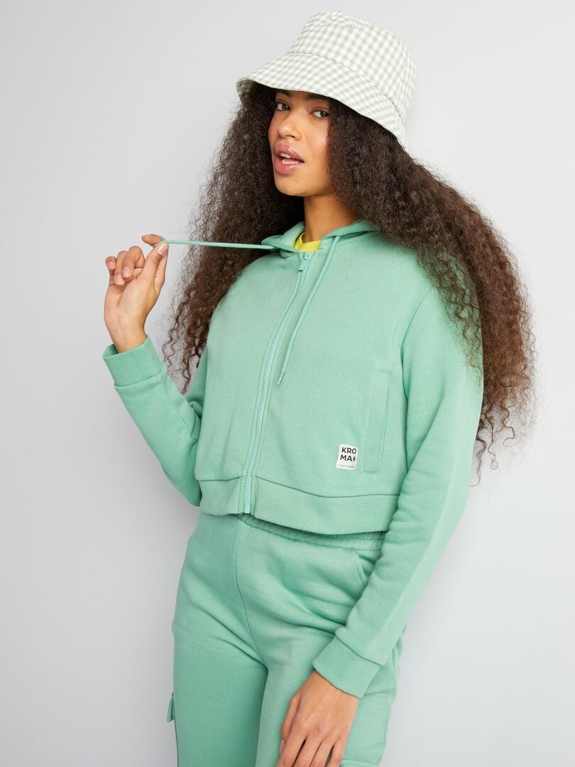 Effenkleurige hoodie met rits - GROEN