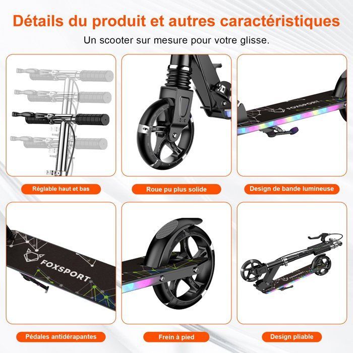 Trottinette enfant - FOXSPORT - Modèle lumineux et stylé - Pliable - Guidon réglable 4 niveaux - Double frein