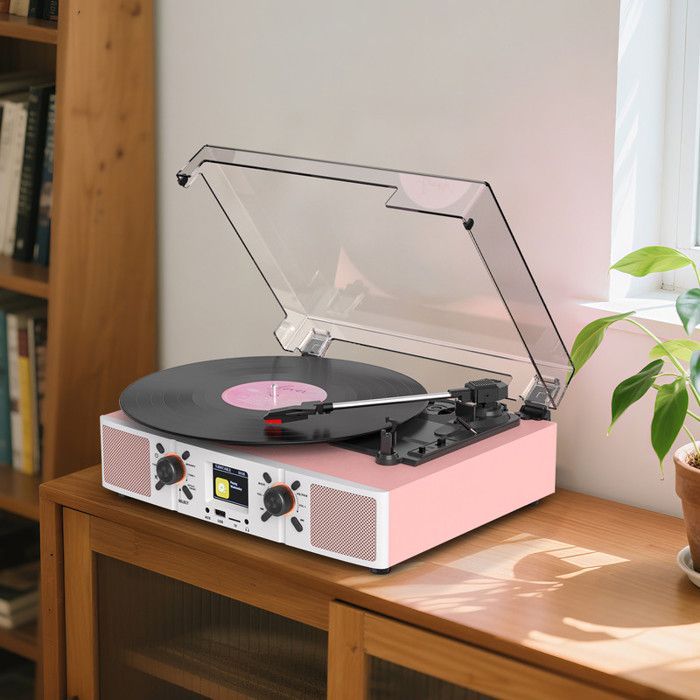 TANLANIN DT2032 Bluetooth Turntable with DAB/DAB+ Radio Alarm Clock Function - For 33/45/78 RPM Records - Hi-Fi Music Equipment - Pink