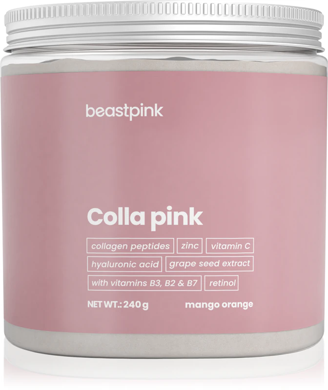 Suplemento alimentar em pó BeastPink Colla Pink para preparar bebidas com colágeno.
