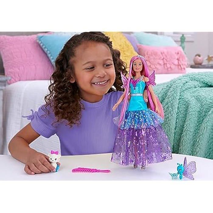 Bambola Barbie - BARBIE - Malibu Un tocco di magia - Capelli lunghi 18 cm - Abito elegante - Animali inclusi