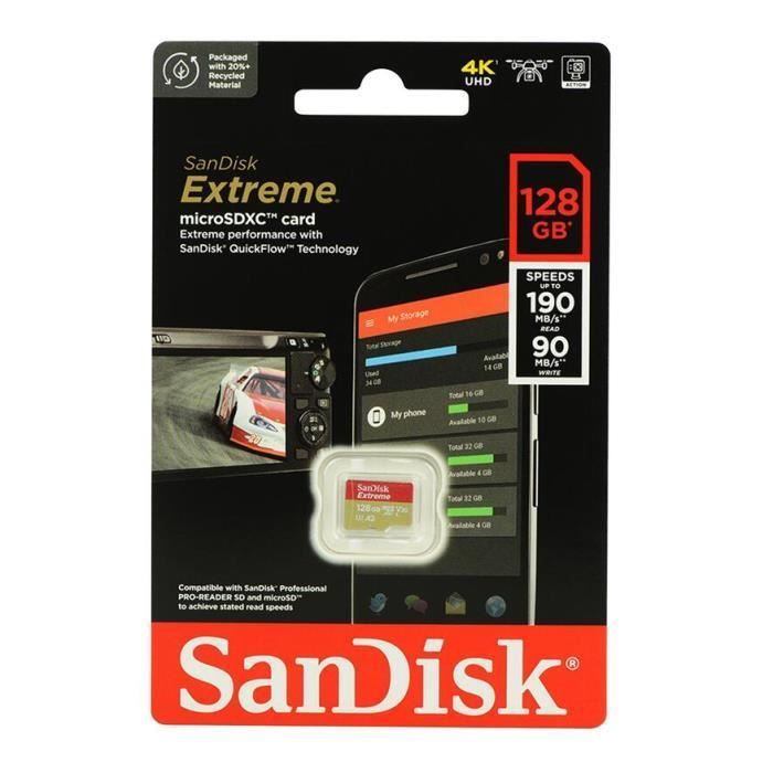 Micro-SD-Karte – SANDISK – Extreme – 128 GB – Klasse 10 U3 V30 – Bis zu 190 MB/s
