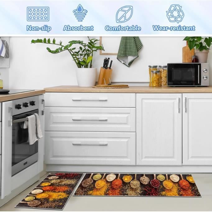 Tapis de cuisine - Lot 2 (40x60 + 40x120 cm) - Antidérapants - Absorbants eau & huile - Anti-poussière