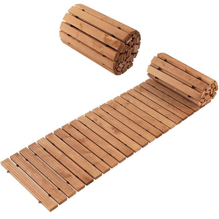 Camino de jardín de madera enrollable COSTWAY de 245 cm, resistente a la intemperie, 43 x 4,5 cm, con alambre de acero y textura antideslizante para patio.