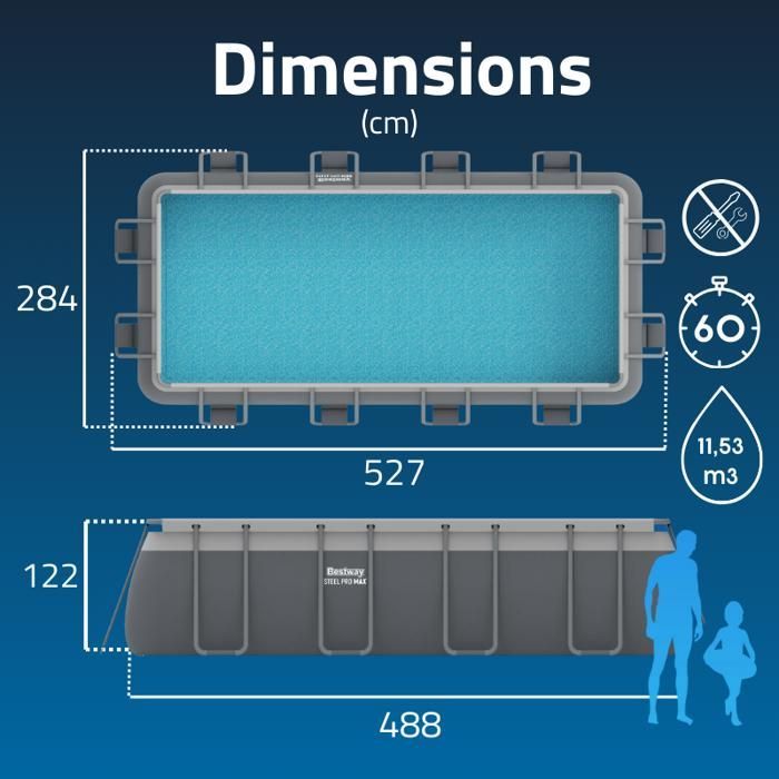 Piscina tubular retangular Bestway Steel Pro Max para instalação acima do solo, 488 x 244 x 122 cm, cinza (acessórios não incluídos)