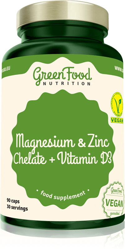 Cápsulas de suplemento alimentar GreenFood Nutrition com quelato de magnésio e zinco + vitamina D3 para auxiliar o sistema imunológico, a saúde do cabelo, da pele e dos dentes.