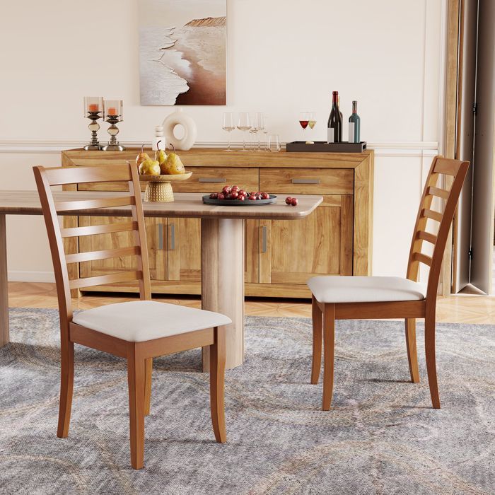 COSTWAY Set of 2 Hevea Wood Dining Chairs 44 x 56 x 96 cm - High Slatted Backrest - Seat 44 x 44.5 cm Upholstered Beige