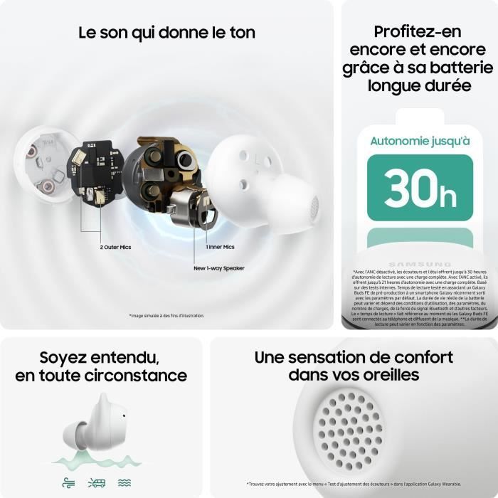 Auricolari wireless Samsung Galaxy Buds FE con cancellazione attiva del rumore, bianchi