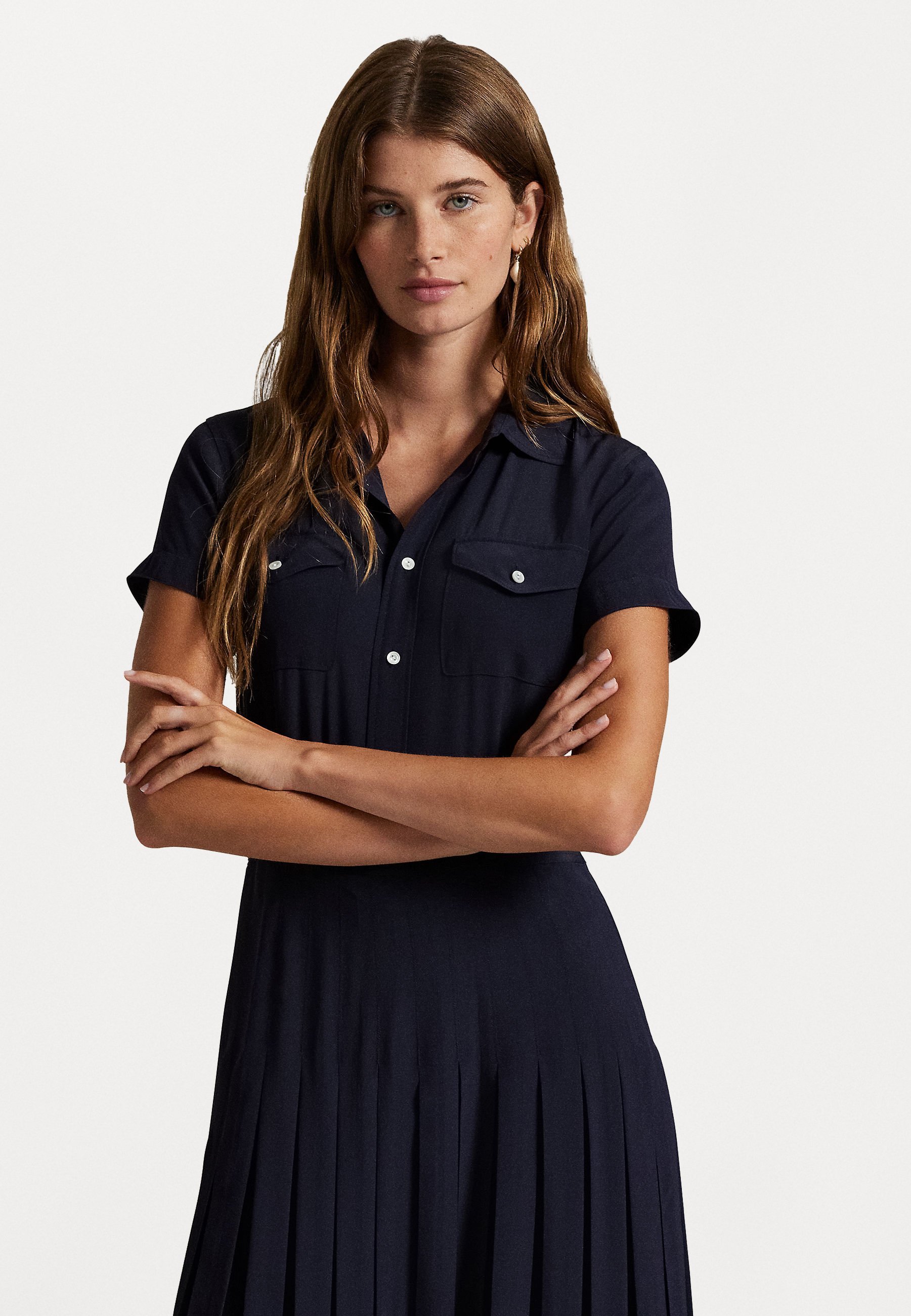 Polo Ralph Lauren zijden crêpe geplooide overhemdjurk - Overhemdjurk - inkt