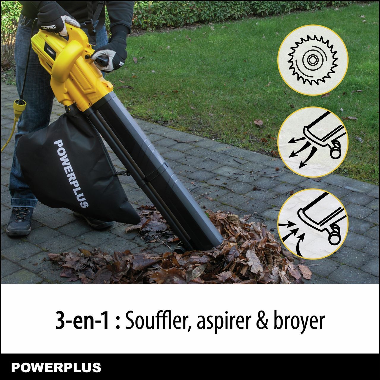 Soplador de hojas eléctrico - POWER PLUS - POWEG4030 - 3300 W - Velocidad máxima del aire de 250 km/h