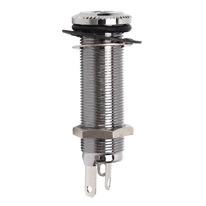 Replacement brass threaded jack connector, straight, for electric guitar and bass, silver color. Label