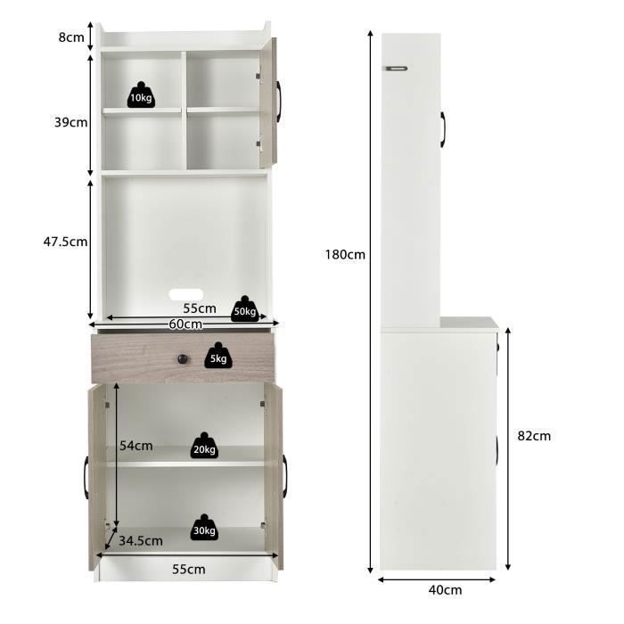 COSTWAY Küchenbuffet mit 3 Türen und 1 Ablagefach, Kabelmanagement, 60 x 40 x 180 cm, Weiß