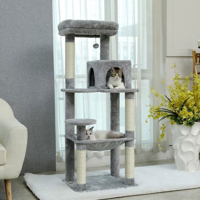 PAWZ Road Cat Tree, Spacious Design, Large, Sturdy Hammock with Hammock and Beautiful Cat House - Grey - 143 cm