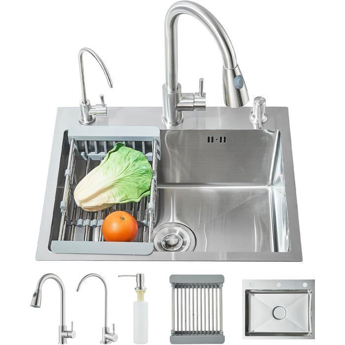 Lavello da cucina in acciaio inox, 1 vasca, vasca singola, vasca grande, dispenser di sapone, cestello scolapiatti (55 * 45 cm)