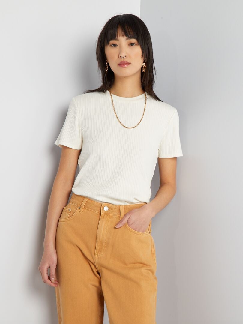 Geribbeld T-shirt met ronde hals - BEIGE