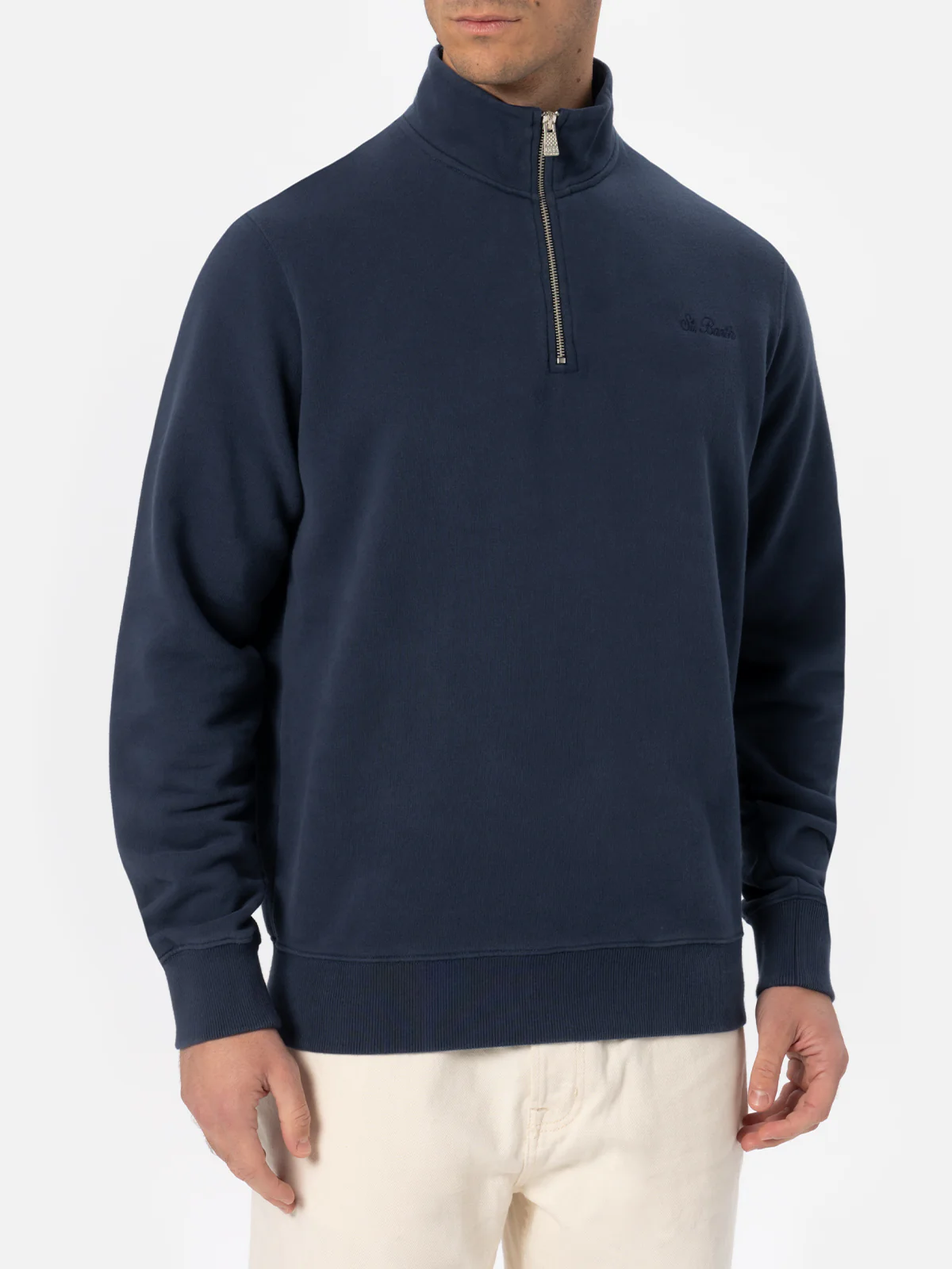 Dunkan Herren-Sweatshirt mit halbem Reißverschluss in Marineblau und St. Barth-Stickerei