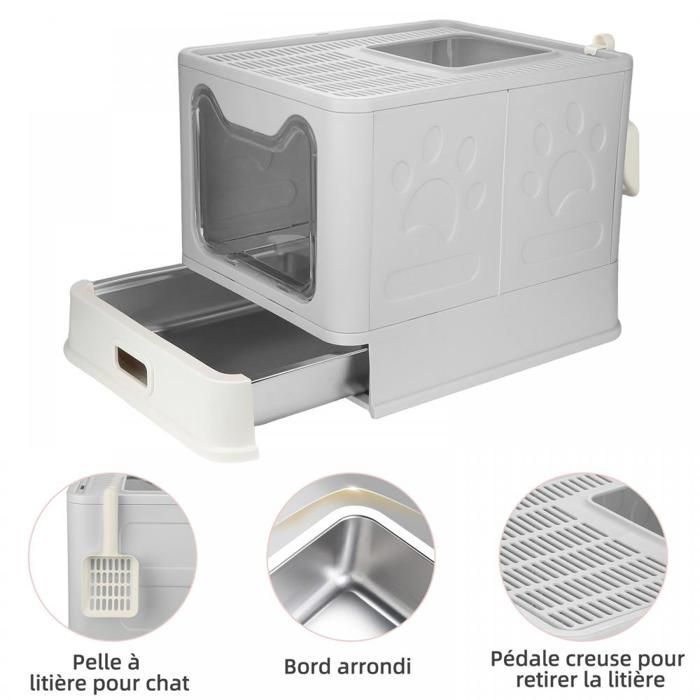 SUPFINE Bac à Litière pour Chat avec 2 Portes, Maison de Toilette Pliable pour Chat avec Couvercle et Tiroir, 41 × 51 × 38 cm