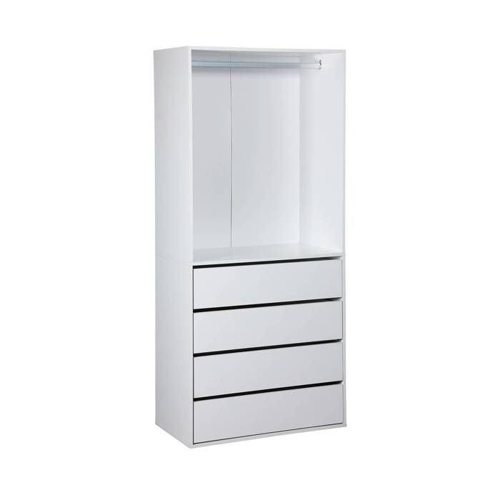 Armario con 4 cajones y 1 barra para colgar ropa, color blanco. Paneles laminados.