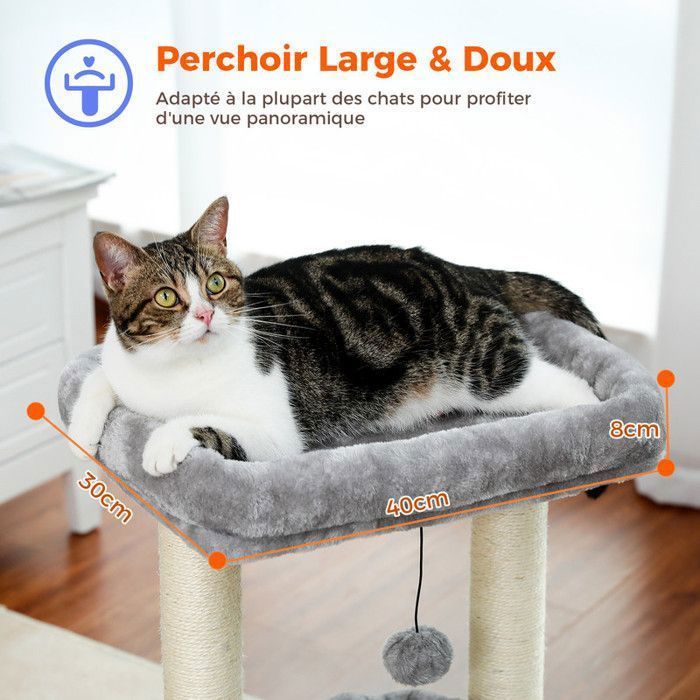 PAWZ Road Petit Arbre à Chat 60 cm, Tour de Jeux avec 2 Poteaux à Griffer Robuste, 1 Condo Spacieux & 1 Grand Perchoir, Gris