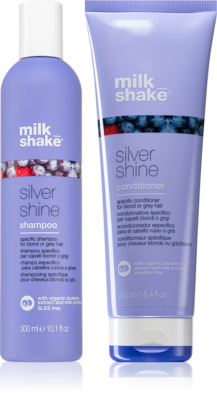 Shampoo e condicionador milk_shake® Silver Shine que neutralizam os tons amarelados.