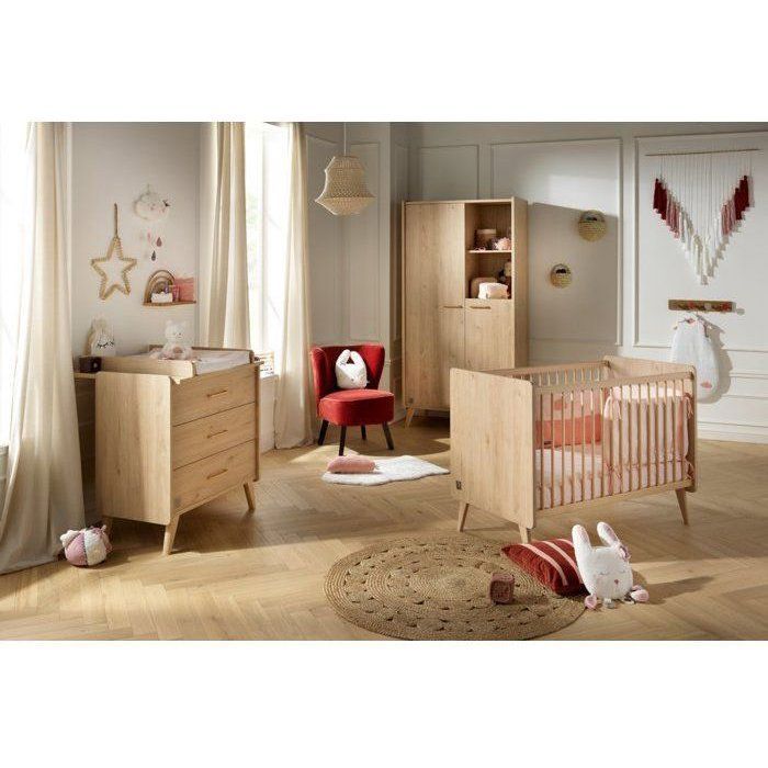 Conjunto de dormitorio infantil Trio: cuna de 120 x 60 cm + cómoda de 3 cajones + armario en roble liso - Arty - SAUTHON