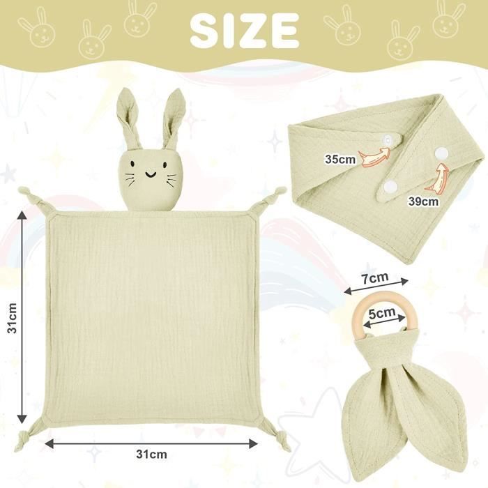 Lot de 3 Coffret Naissance Bébé de Fille et Garçon - 100% Coton Doux Doudou, Bavoir et Anneau Cadeau Kit  pour Nouveau-né(Kaki)