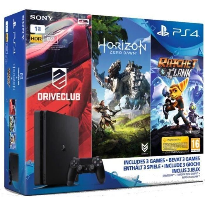 Nouvelle PS4 Slim 1 To + 3 Jeux : Horizon : Zero Dawn + Ratchet & Clank + Drive Club