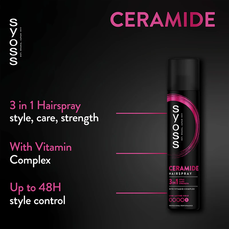 Spray de cabelo Syoss com ceramidas, fixação muito forte.