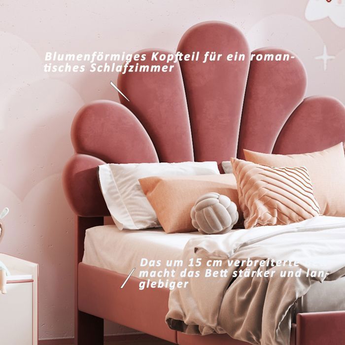 Cama infantil de 90x200 cm con somier de láminas, cama de niña con cabecero en forma de flor, estructura de madera, tela de terciopelo rojo.