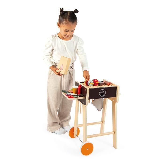 Barbacoa de madera - Cocina de juguete y set de juego para niños - 57 accesorios incluidos - 2 ruedas silenciosas - Para mayores de 3 años