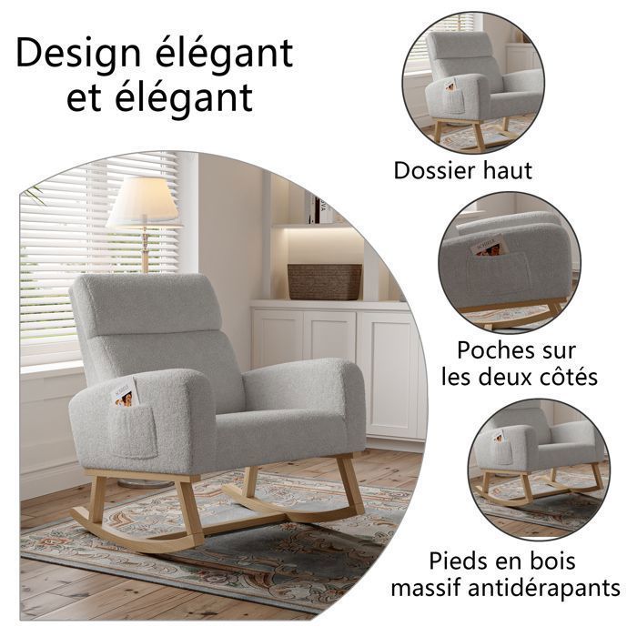 Mecedora - LUMINARIX - Patas de madera maciza - Estilo escandinavo - Gris claro