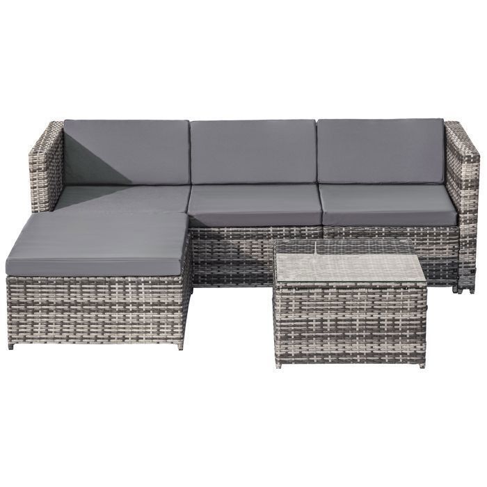Salon de jardin lounge Canapé d'angle extérieur 4 places avec table basse en résine tressée, gris