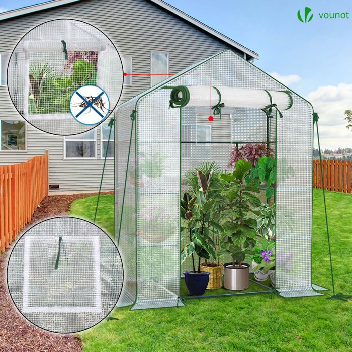 VOUNOT® Serre de jardin avec étagères 143x73x195cm blanc - bâche renforcée 135g/m² - fenêtre moustiquaire - porte enroulable zippée