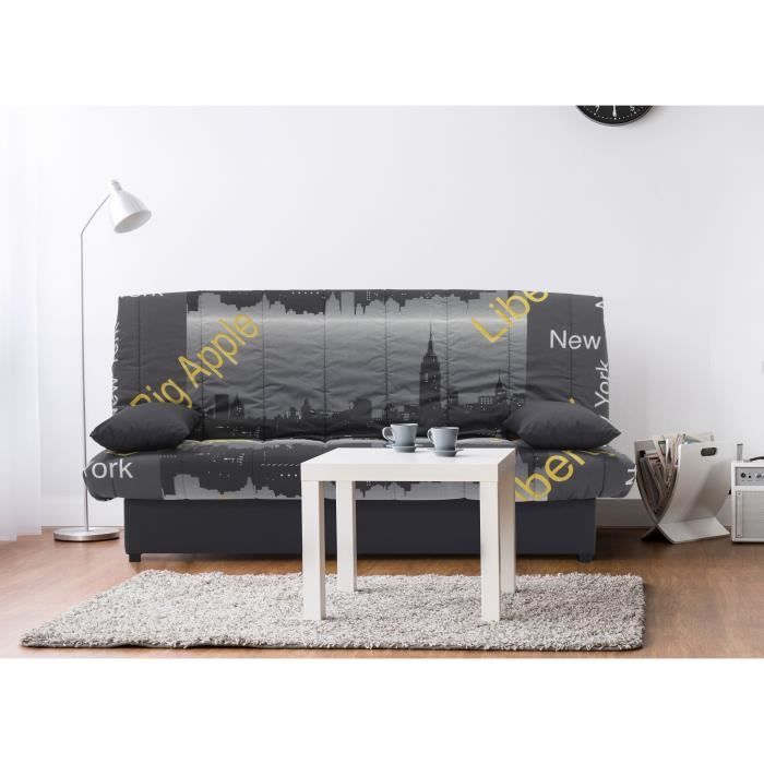 Sofá cama clic-clac de 3 plazas - Estampado amarillo Nueva York - Estilo contemporáneo - Ancho 190 x Profundidad 92 cm - MILA