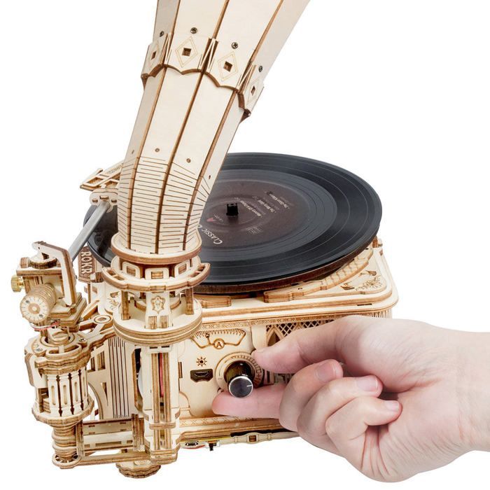 3D-Holzpuzzle – ROBOTIME ROKR Klassisches Grammophon (elektrische Version, mechanischer Bausatz)