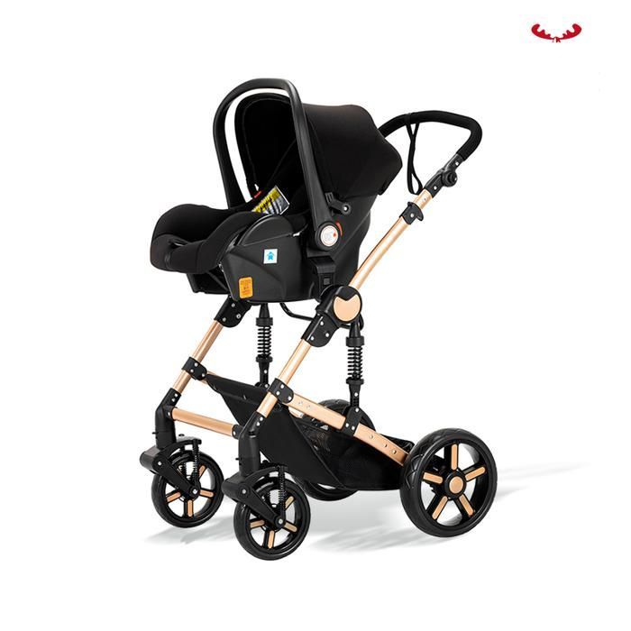 MagicZC 3-in-1 Kinderwagen für Neugeborene (0-3 Jahre), mit umbaubarer Babywanne, Autositz und verstellbarer Rückenlehne, Gold/Schwarz