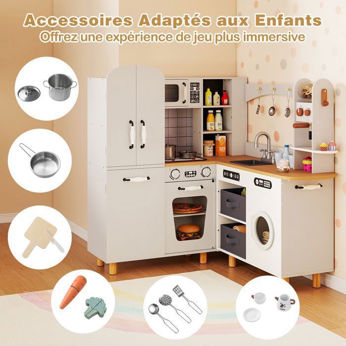 Cuisine Enfants 3Ans+ XXL COSTWAY Interactive -12 Accessoires,Machine à Café, Lave-linge, Bacs en Tissu Gris Clair
