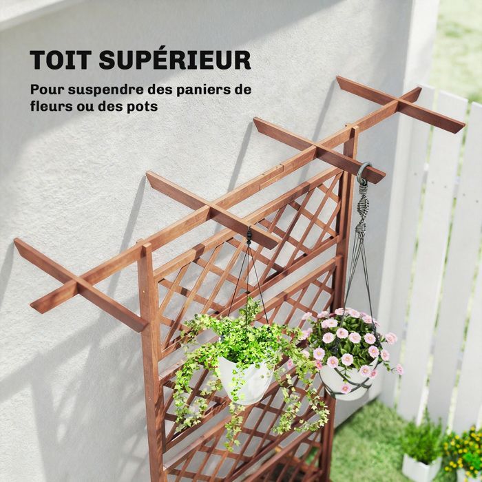Raised Planter - Outsunny - with trellis, roof bars, drainage holes, non-woven fabric - natural wood effect