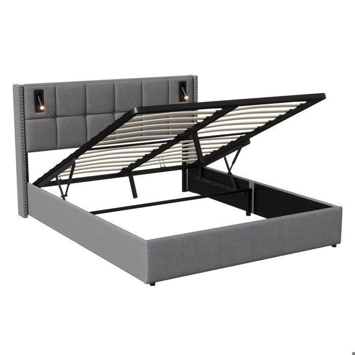 Cama de almacenamiento de 160 x 200 cm con somier de láminas, cama doble con luces de lectura, cama de 160 x 200 cm con somier de láminas, cama tapizada en terciopelo gris.