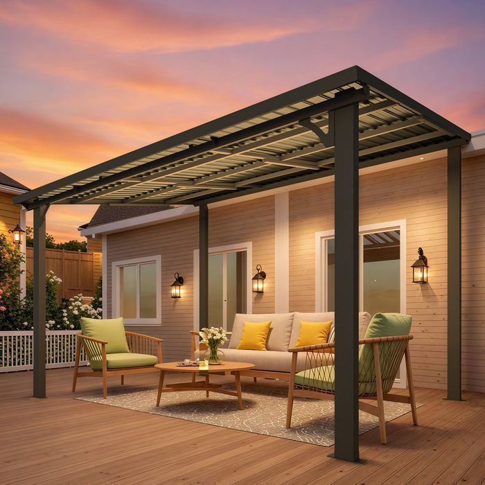 YODOLLA Pergola Murale en Aluminium avec Toit en Métal - Résistante aux intempéries - 2.65x3.65m - Noir