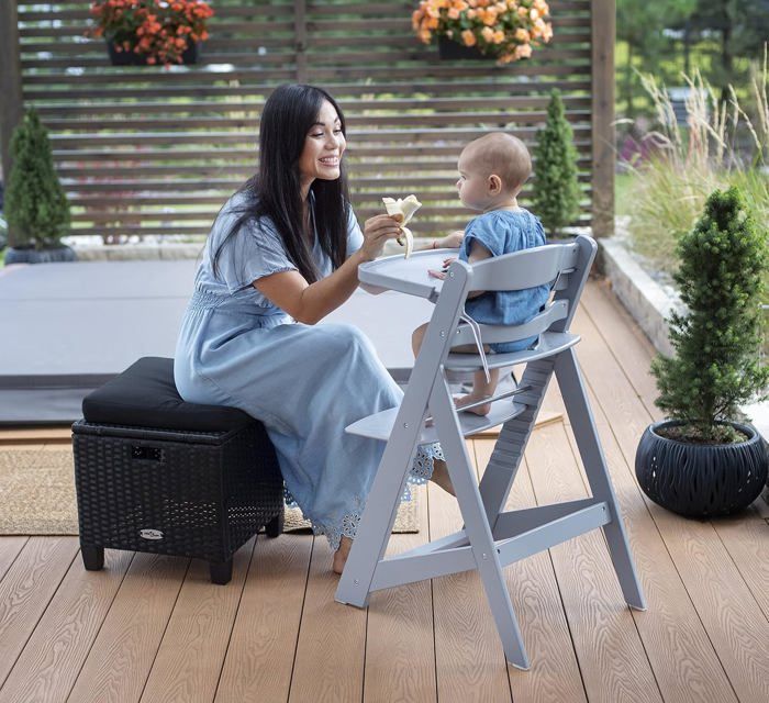 Moby-System High Chair for Babies 6+ Months | 12 Adjustable Seat Positions | Detachable Tray, Cushions & 3-Point Harness - Grey