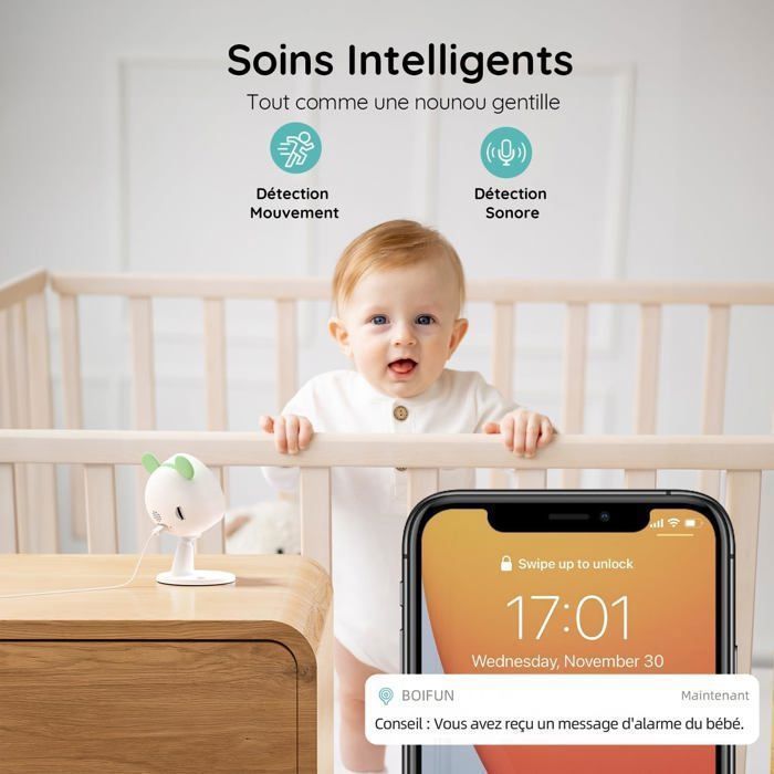 Babyphone 2 Cameras 1080P, 4,3” Camera Bebe, APP Contrôle, Détection de Mouvement et de Son, Zoom 4X, Vision Nocturne, Alarme