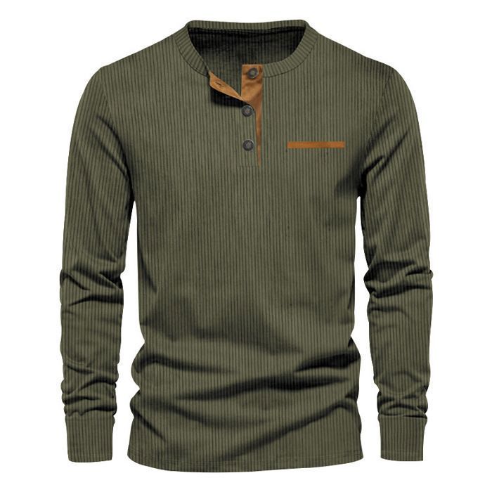 T-shirt da uomo a maniche lunghe in velluto a coste, vestibilità slim, scollo Henley, tinta unita, comoda - Taglia UE - Verde militare