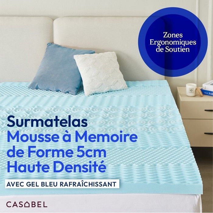Cubrecolchón CASABEL 140x190 cm - Espuma viscoelástica, zonas ergonómicas, gel infusionado, color azul - 5 cm - Cubrecolchón de confort