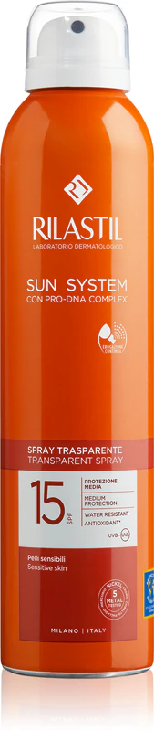 Protetor solar em spray transparente Rilastil Sun System FPS 15