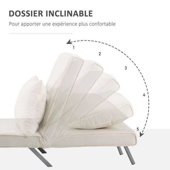 Sillón/sofá cama convertible - HOMCOM - 1 plaza con funda, cojín, patas y reposabrazos extraíbles - metal y ante - blanco